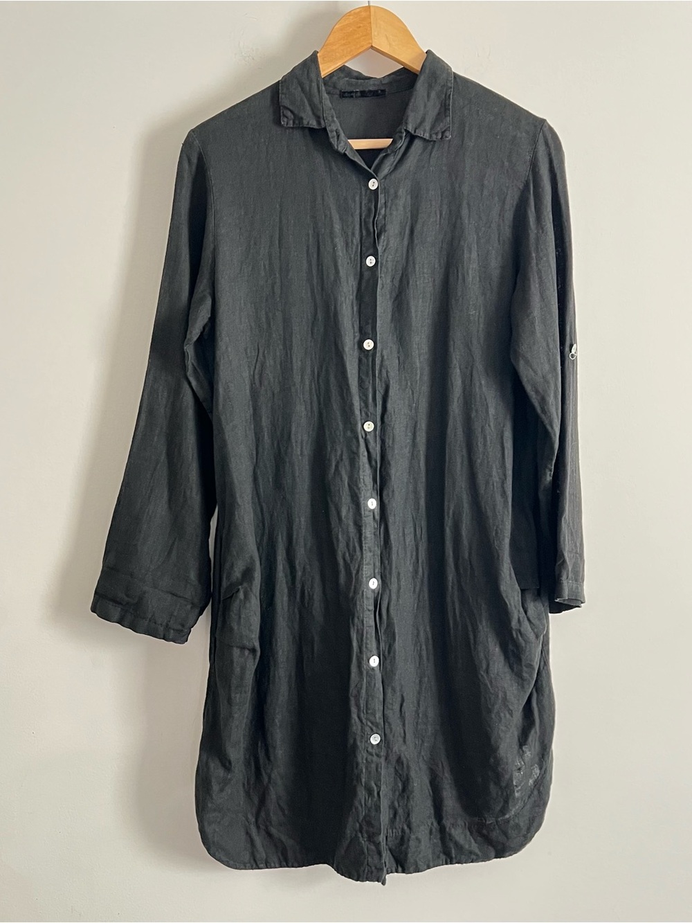Italian Made 100% Linen Charcoal Black Oversized Button Front Shirt Dress OS